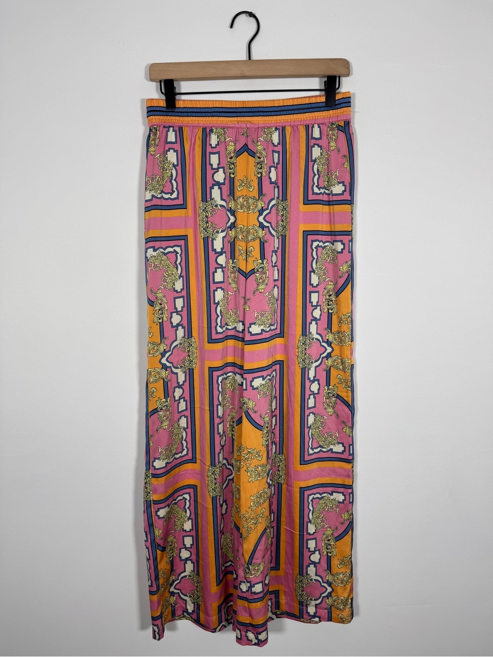 WP143 {Rachel Zoe} Pink Multicolor Printed Elastic Waist Wide Leg Satin Pants